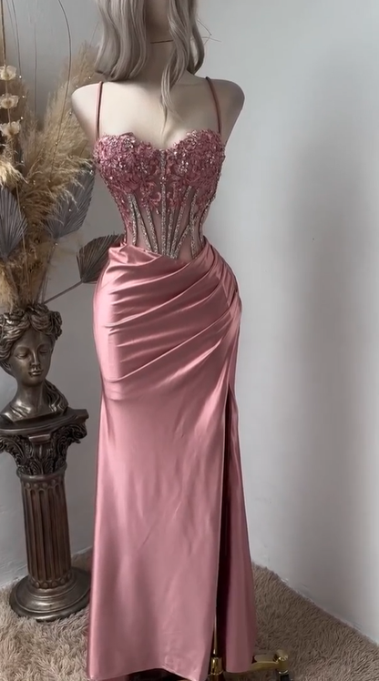 Glamour Spaghetti Straps Satin Beaded Appliques Pleated Mermaid Prom Dress Pink Party Dress SP4196
