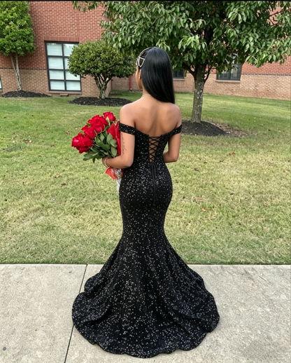 Black Sequins Mermaid Prom Dress,Shiny Black Prom Gown Y6115