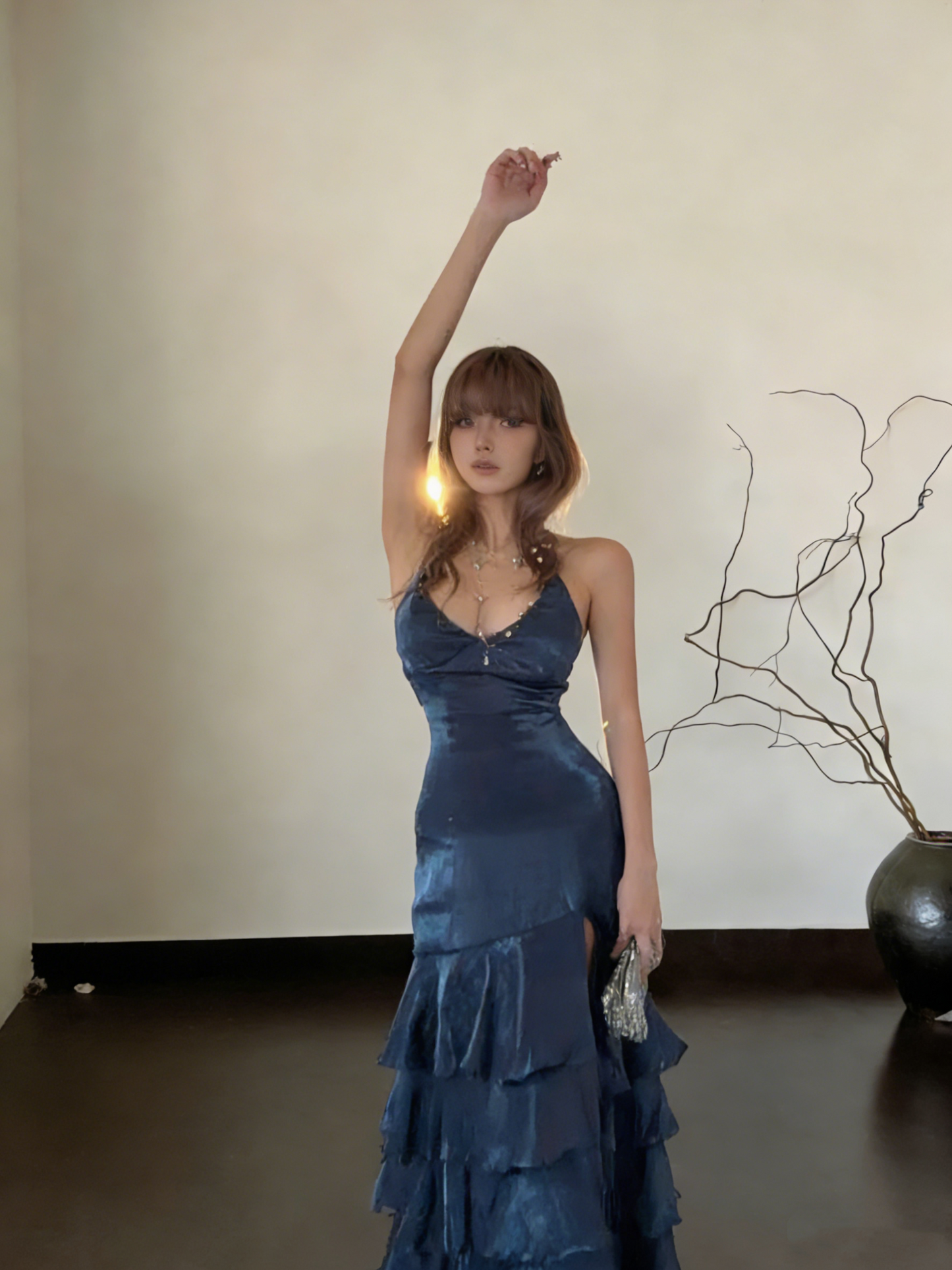 Elegant Navy Blue V Neck Satin Ruffles Layered Mermaid Slit Long Party Dress ,Formal Birthday Prom Dress SP1553