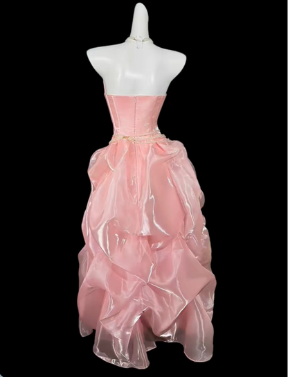 Classy Light Champagne Strapless Organza Pleated Long Prom Dress Party Dresses SP3536