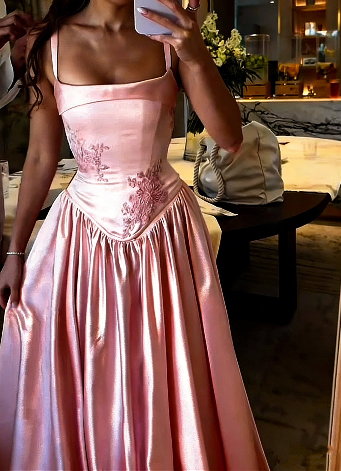 Pink Elegant A-Line Spaghetti Strap Satin Long Evening Dress Prom Dress Y7820