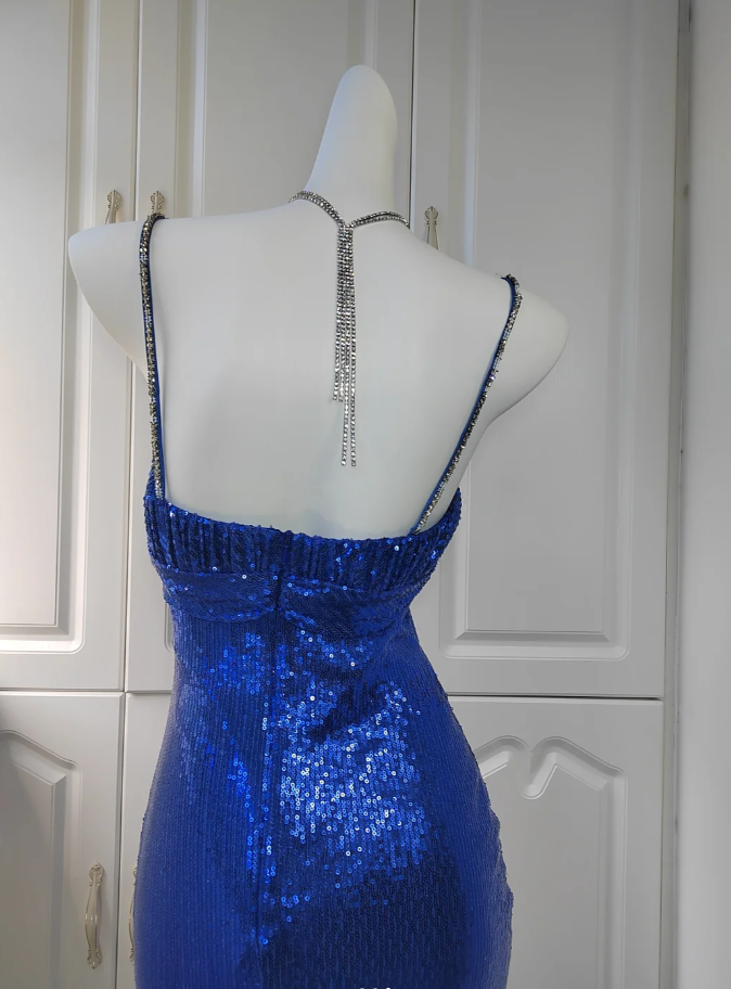 Charming Spaghetti Straps Royal Blue Sequin Prom Gown Long Mermaid Party Dress SP352