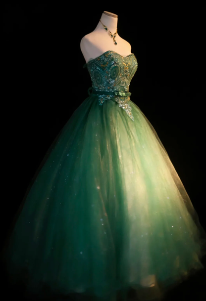 Chic Strapless Green Tulle Sequin Beaded Long Evening Dress Formal 16th Birthday Outfits SP1843