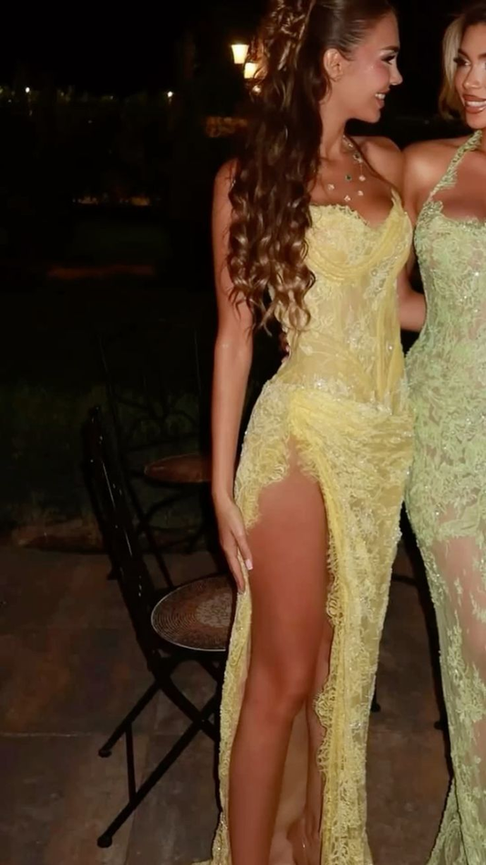 Charming Strapless Lace Sequin High Slit Yellow Mermaid Prom Dress Long Evening Gown SP465