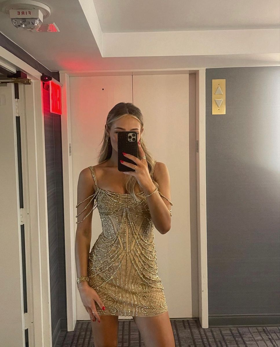 Luxurious Champagne Satin Beaded Sheath Short Homecoming Dress Cocktail Dress SP3612