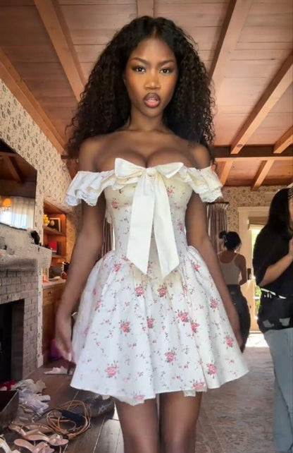 Pretty Off The Shoulder Lace Satin Floral A Line Short 15th Birthday Outfits,Off White Formal Graduation Homecoming Dress SP3208