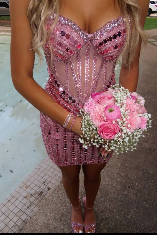 Gorgeous Pink Spaghetti Straps Satin Beaded Short Graduation Homecoming Dress,Mini Sheath Birthday Dress SP2814
