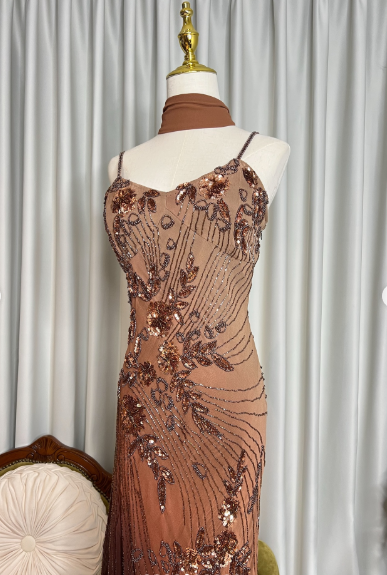 Retro Spaghetti Straps Ombre Chiffon Floral Sequin Beaded Prom Dress Long Party Gown With Ribbon SP627