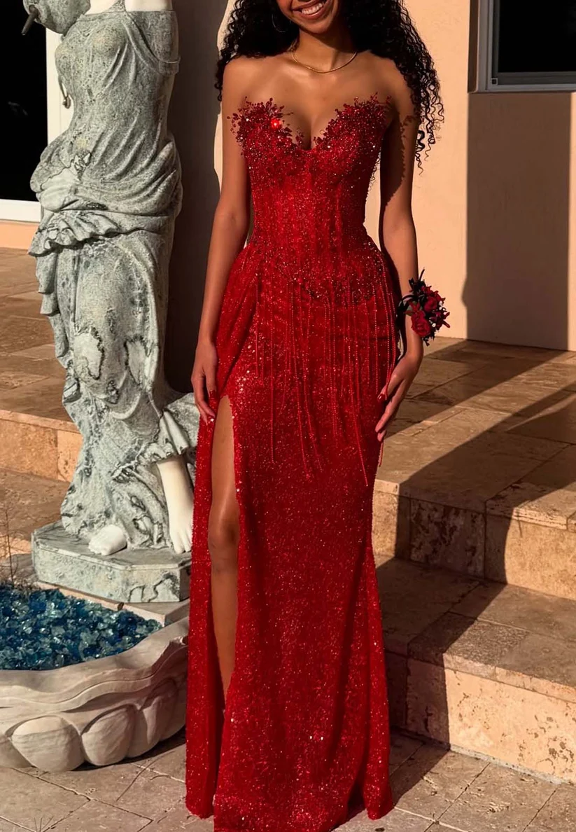 Sparkly Red Sequin Beaded Mermaid Long Party Dress Sweetheart Neck Slit Prom Dress SP4203
