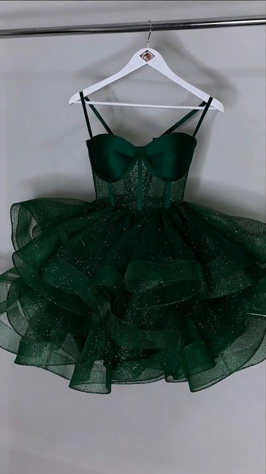 Shiny Spaghetti Straps Green Tulle Sequin A Line Short Homecoming Dress Mini Prom Dress SP2982