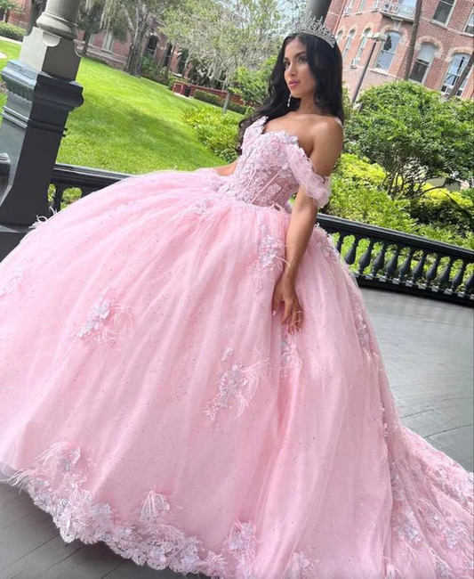 Pink Tulle Sweet 16 Ball Gown Appliques Prom Dress Quinceanera Dress Y7475