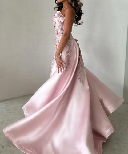 Gorgeous Pink Strapless Satin Appliques Evening Dress,Formal Prom Dress Y8427