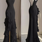 Simple Mermaid Beach Black Evening Dress with Ruffles, Spaghetti Straps Backless Prom Gown Y5652