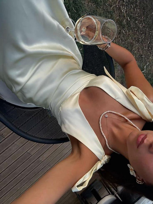 Elegant Pastel Yellow V Neck Satin A Line Party Dress Long Wedding Guest Dress SP2669