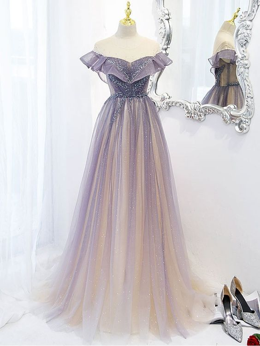 Purple A-line Prom Dresses for Women Tulle Long Evening Dresses Y5838