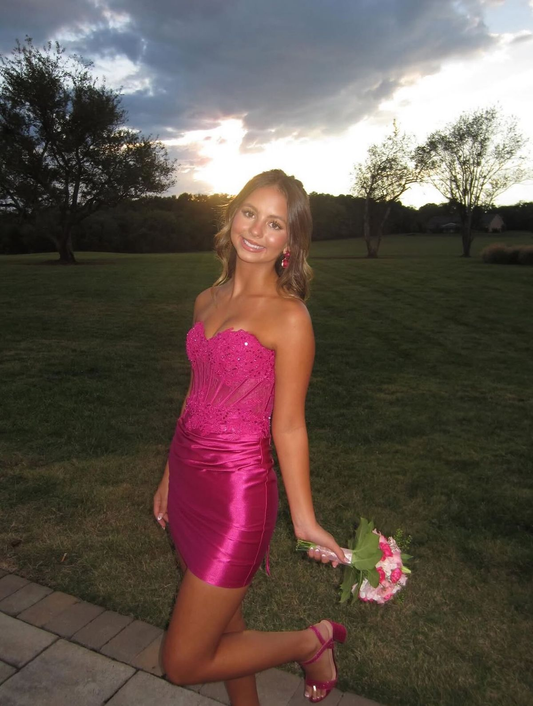 Pretty Hot Pink Strapless Satin Appliques Bodycon Short 7th Grade Homecoming Dress Birthday Outfits SP2992