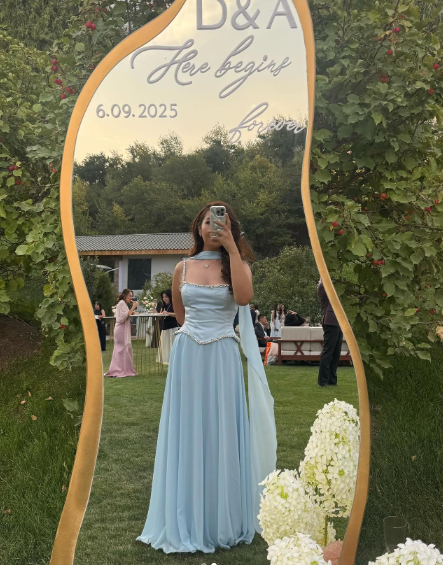 Elegant Spaghetti Straps Sky Blue Chiffon Beaded A Line Long Party Dress Formal Wedding Guest Dress With Ribbon SP761