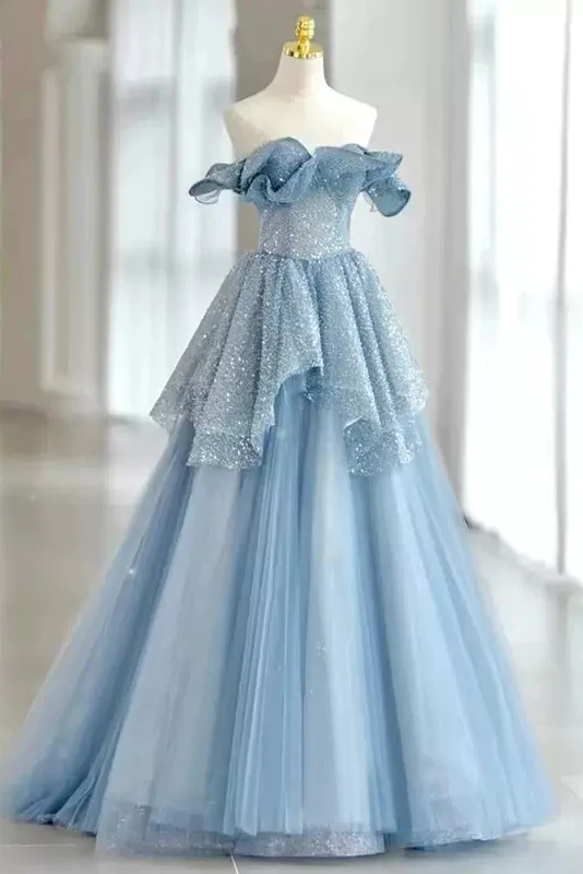 Light Sky Blue Off The Shoulder Tulle Prom Dress, Sparkly Long Party Gown Y3082