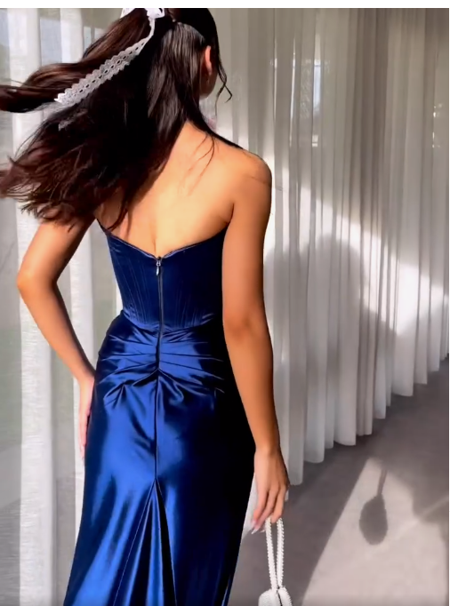 Elegant Blue Strapless Prom Dress With Split  Y5934