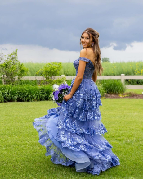 Charming Off The Shoulder Blue Tulle Sequin Layered Mermaid Long Wedding Guest Dress Formal Birthday Evening Gown SP1098