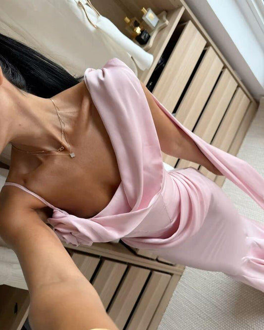 Pretty Pink Satin Pleated Mermaid Long Party Dress Prom Dress SP2670