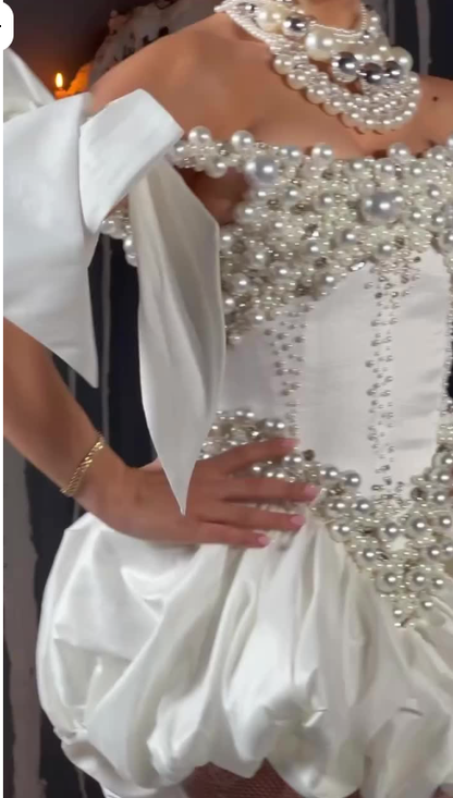 Gorgeous White Bow Straps Satin Pearls A Line Short Graduation Homecoming Dress Birthday Outfits SP2458