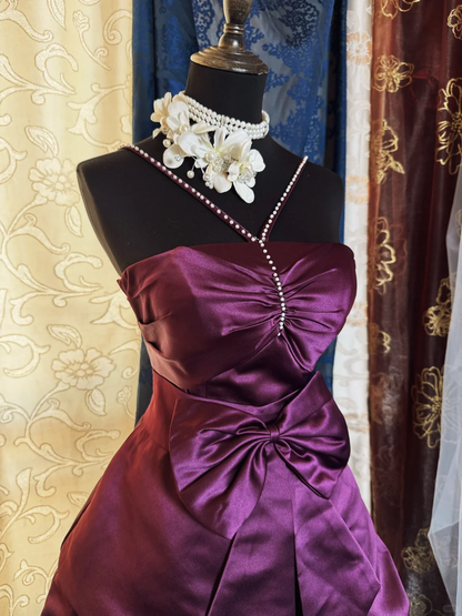 Vintage Purple Satin Bow Pleated Short Homecoming Dress Cocktail Dress With Beads SP2191