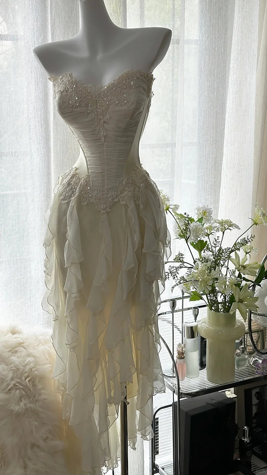 Chic Off White Chiffon Ruffles Party Dress,Strapless Appliques Prom Dress Y8743