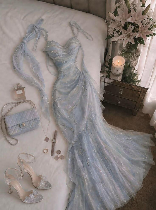 Glamorous Blue Spaghetti Straps Chiffon Sequin Mermaid Long Party Dress Formal Birthday Prom Gown SP2688
