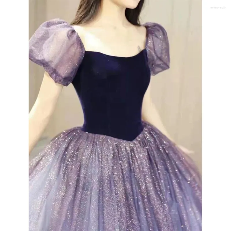 Purple Tulle Short Sleeve Formal Dress, Cute A-Line Evening Dress Y4291