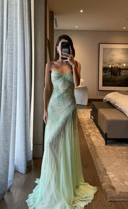 Gorgeous Strapless Green Tulle Beaded Mermaid Long Prom Dress Party Gown SP1000