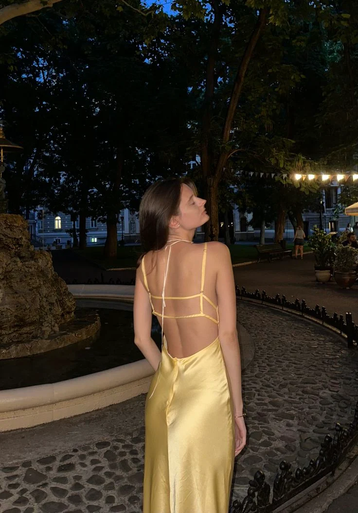 Classy Spaghetti Straps Yellow Satin Mermaid Long Party Dress Backless Wedding Guest Dress SP4125