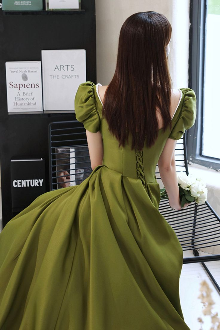 Green Satin Long Prom Dresses, A-Line Evening Dresses Y7097