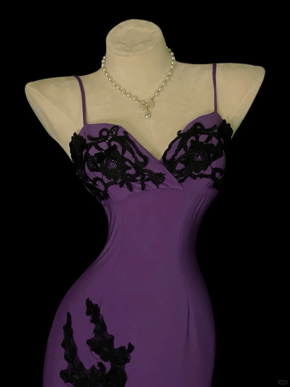 Vintage Spaghetti Straps Purple Satin Tulle Layered Mermaid Long Party Dress Evening Gown SP4067