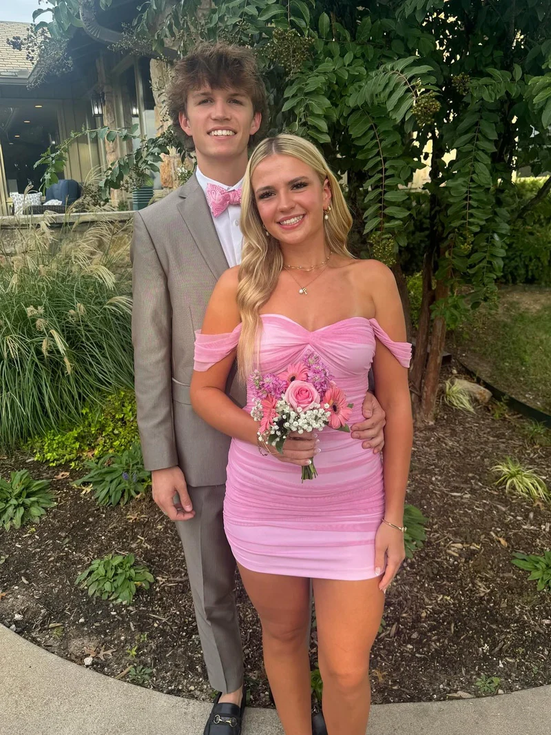 Classy Off The Shoulder Chiffon Pleated Sheath Mini Birthday Dress,Pink Short Graduation Homecoming Dress SP2873