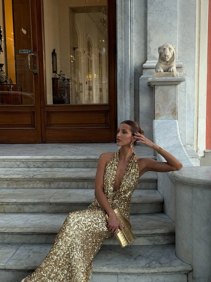 Gorgeous Gold Halter V Neck Sequin Sheath Long Prom Dress Backless Evening Dress SP1104