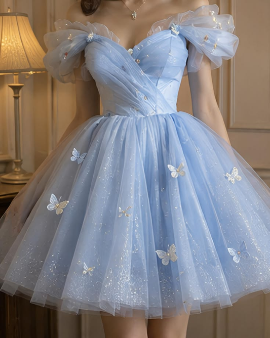 Shiny Blue Tulle Sequin Butterfly A Line Short Homecoming Dress,Off The Shoulder Short Prom Dress SP2787