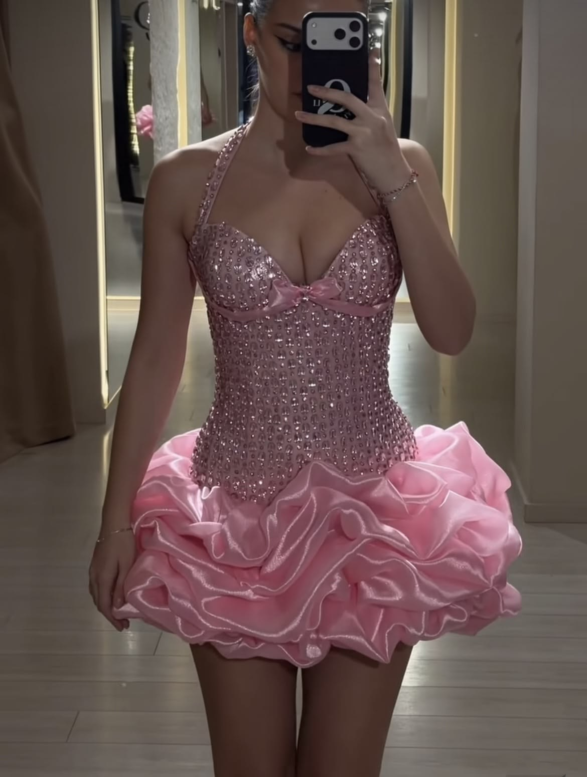 Gorgeous Halter Satin Pleated Beaded Short Graduation Homecoming Dress,Pink Mini Birthday Outfits SP2612