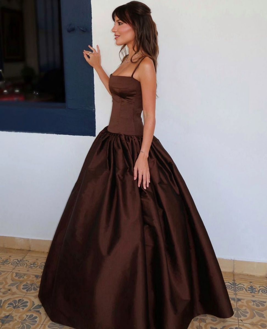 Retro Spaghetti Straps Brown Satin Ball Gown Long Party Dress SP2558