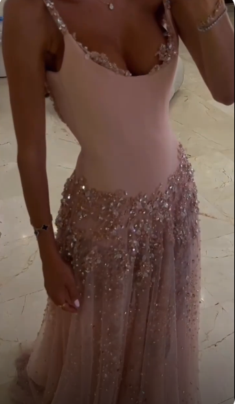 Classy Pink Satin Tulle Beaded Prom Dress Backless Long Party Dress SP4263