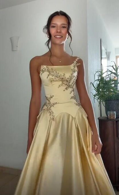 Elegant Yellow Satin Beaded A Line Long Party Dress Prom Gown SP4161