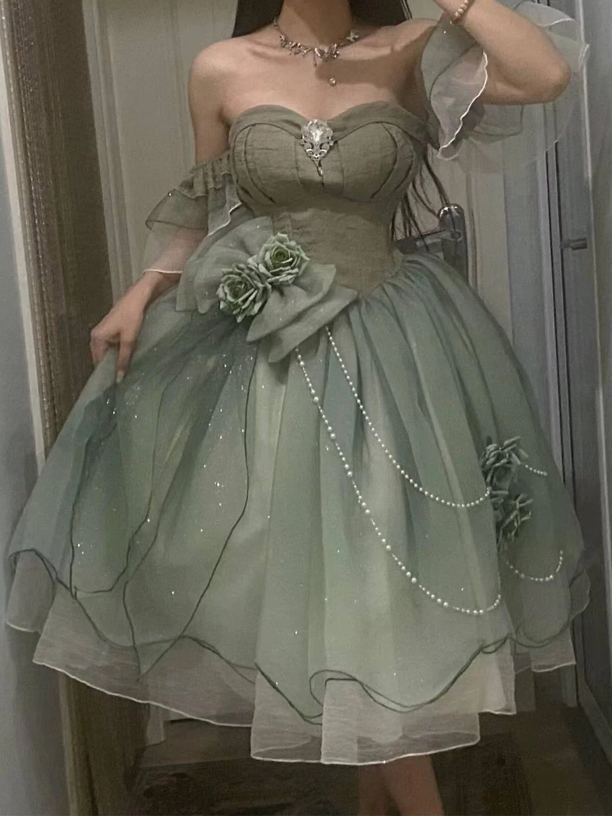 Classy Green Off Shoulder A-Line Floral Short Homecoming Dress Cute Mini Birthday Dress SP3786