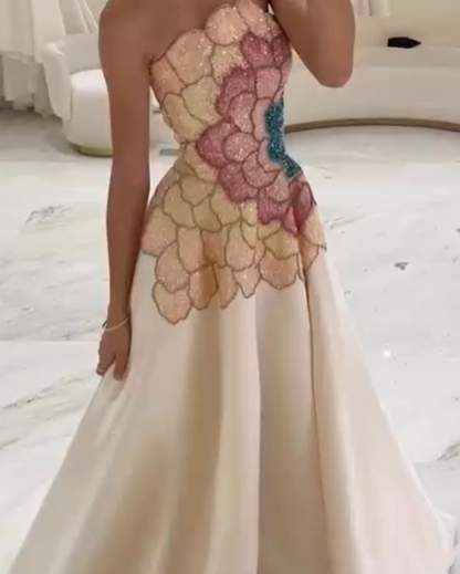 Classy Strapless Satin Sequin Long Evening Dress Formal Birthday Prom Dress SP575