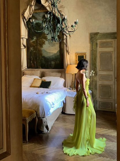 Elegant Green Chiffon Ruffle Slit Long Party Dress,Sweetheart Neck A Line Long Wedding Guest Dress SP3109