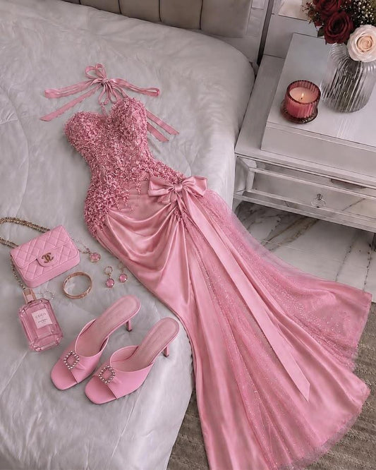 Elegant Satin Tulle Appliques Beaded Mermaid Prom Gown,Pink Long Party Dress SP2689