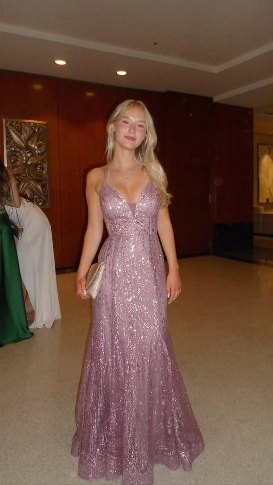 Sparkly Pink Spaghetti Straps Tulle Sequin Mermaid Party Dress Long Wedding Guest Dress SP2665