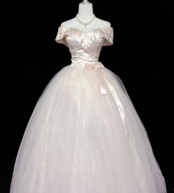 Elegant Off The Shoulder Ball Gown Light Pink Tulle Satin Long Birthday Party Dress SP2213