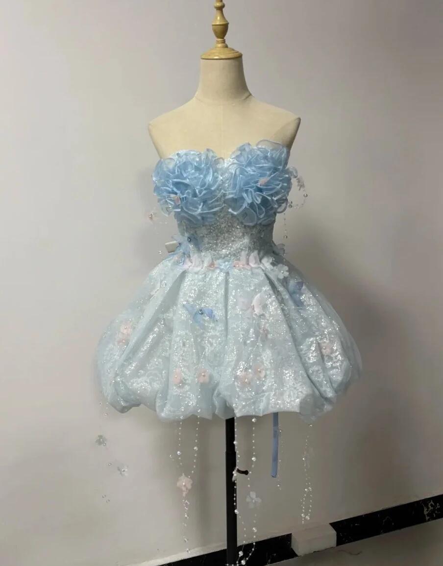Fairy Strapless Tulle Lace Appliques Short 19th Birthday Outfits Light Blue Short Homecoming Dress SP3909