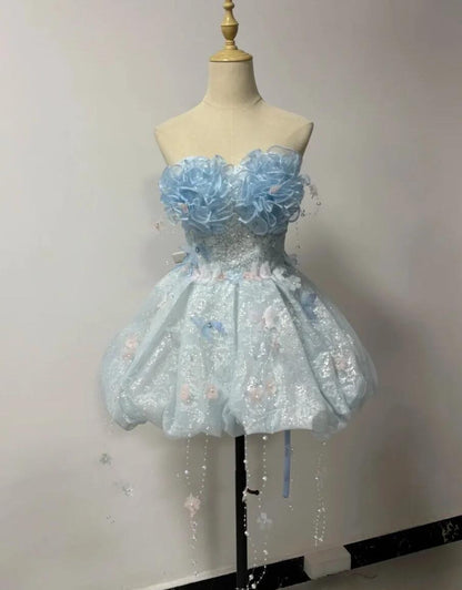 Fairy Strapless Tulle Lace Appliques Short 19th Birthday Outfits Light Blue Short Homecoming Dress SP3909