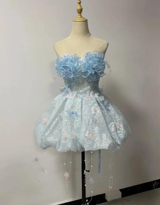 Fairy Strapless Tulle Lace Appliques Short 19th Birthday Outfits Light Blue Short Homecoming Dress SP3909